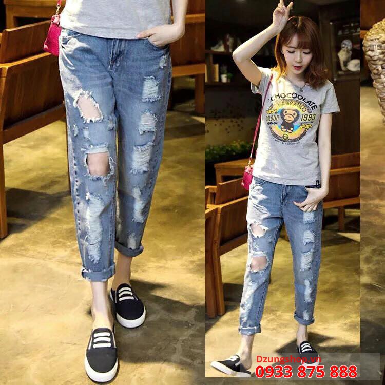 Quần bò thời trang mài thủng phía trước