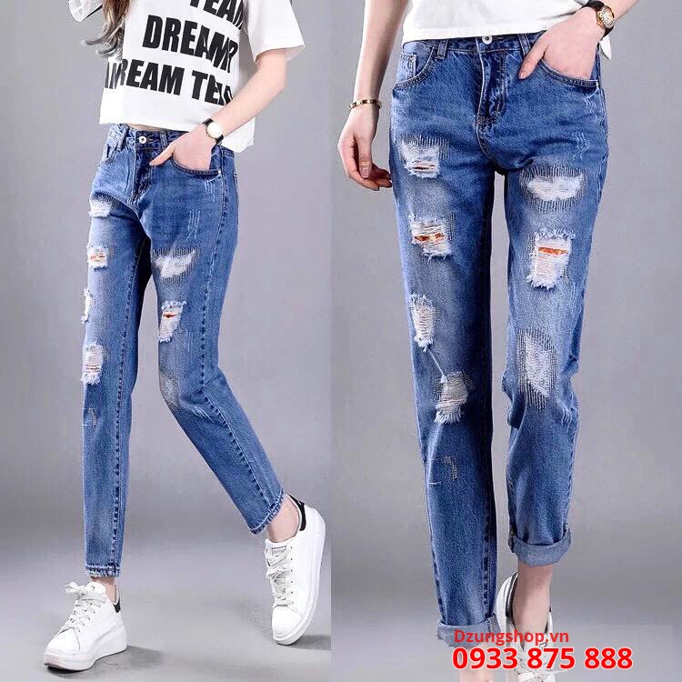 Quần bò thời trang mài thủng phía trước